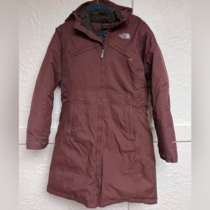 The North Face brown/maroon women’s parka, size Large